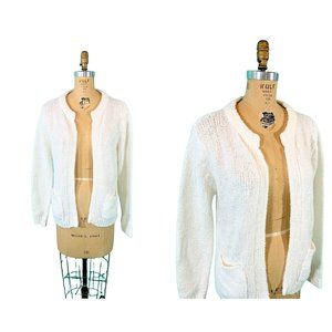 Vintage 1980s Chunky Cardigan Solid White Pocketed Open Sweater